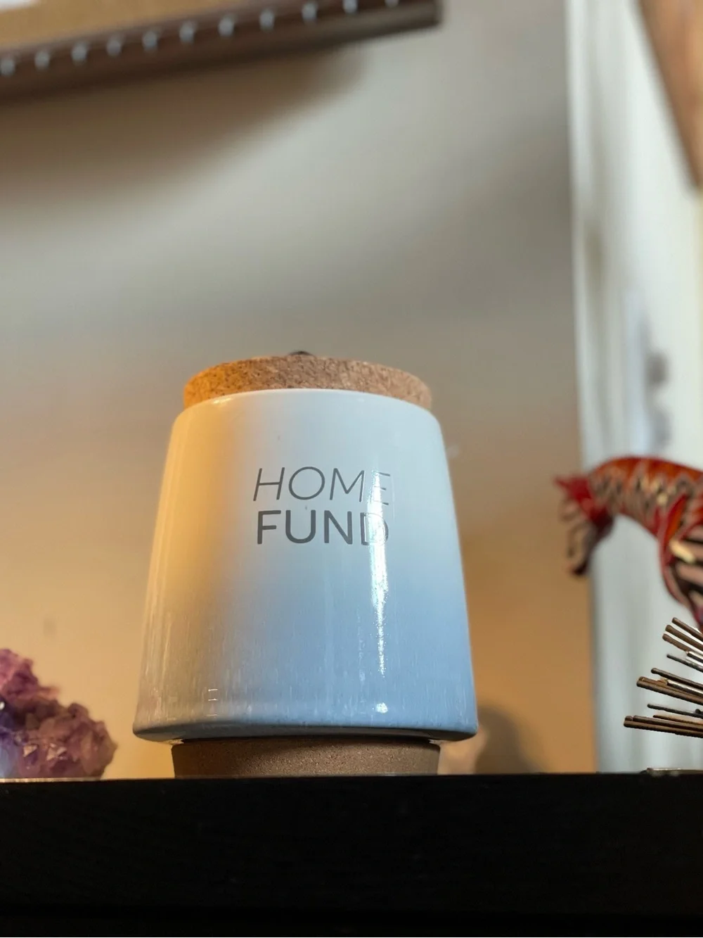 Home Fund Ceramic Money Jar - Blue & Cream Color Ombre - Cork Lid - Like New